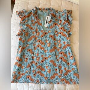 Joy Joy Light Blue Floral V-Neck Blouse with Ruffle Sleeves